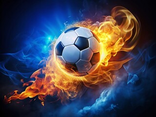 Naklejka premium Fiery Soccer Ball Blazing Through the Night Sky, Engulfed in Flames and Radiating Intense Energy, Captured in Stunning Low Light Photography for Sports Enthusiasts