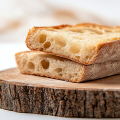 Freshly baked sourdough bread slices showcasing crispy crust and airy interior, perfect for sandwiches or toasting. Ideal for food photography and culinary presentations