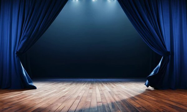 Blue theater curtains parted to reveal a dark stage with wooden floors