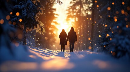 Obraz premium Couple enjoys a winter walk through snowy forest at sunset, creating a romantic, peaceful moment.