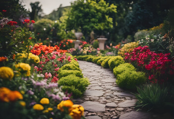 Obraz premium A picturesque garden path lined with vibrant flowers in full bloom, creating a colorful and inviting scene. The stone pathway leads through lush greenery, surrounded by various types of flowers.
