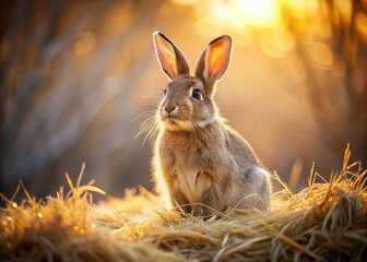 Fototapeta premium Fluffy Brown Bunny Rabbit Sitting on Dry Grass in Natural Light, Perfect for Easter Themes and Wildlife Photography, Capturing the Essence of Springtime and Nature's Beauty