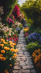 Obraz premium A picturesque garden path lined with vibrant flowers in full bloom, creating a colorful and inviting scene. The stone pathway leads through lush greenery, surrounded by various types of flowers.