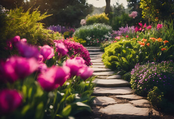 Fototapeta premium A picturesque garden path lined with vibrant flowers in full bloom, creating a colorful and inviting scene. The stone pathway leads through lush greenery, surrounded by various types of flowers.