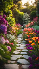 A picturesque garden path lined with vibrant flowers in full bloom, creating a colorful and inviting scene. The stone pathway leads through lush greenery, surrounded by various types of flowers.
