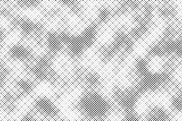 Grunge halftone gradient background. Faded grit noise texture. White and black sand wallpaper. Retro pixelated backdrop. Anime or manga style comic overlay. Vector graphic design textured template