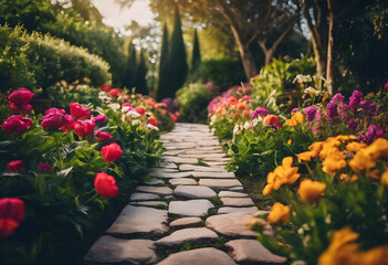 Obraz premium A picturesque garden path lined with vibrant flowers in full bloom, creating a colorful and inviting scene. The stone pathway leads through lush greenery, surrounded by various types of flowers.
