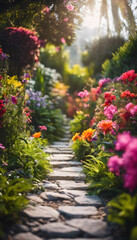 Fototapeta premium A picturesque garden path lined with vibrant flowers in full bloom, creating a colorful and inviting scene. The stone pathway leads through lush greenery, surrounded by various types of flowers.