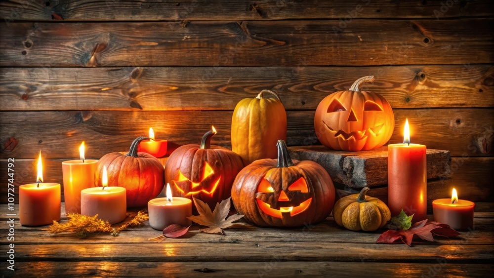 Poster a rustic wooden backdrop adorned with glowing jack-o-lanterns and flickering candles, setting a spoo