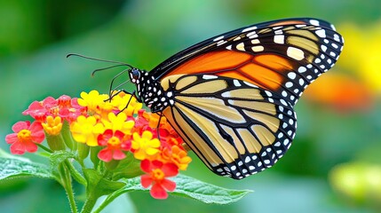 Fototapeta premium A monarch butterfly with orange and black wings perches on a cluster of yellow and red flowers.