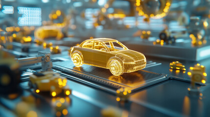 A luminous, futuristic car model stands on a digital platform surrounded by glowing elements, representing advanced technology and innovation in automotive design.