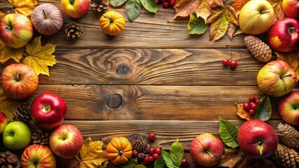 Autumnal Harvest A Wooden Table Top Adorned With Apples, Pumpkins, Pine Cones, and Fall Foliage