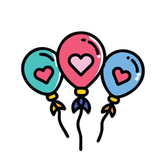 Colorful heart-themed party balloons illustration, Cute illustration of three colorful balloons with heart designs, perfect for celebrating love, Valentine's Day, and festive events.

