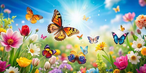 Fototapeta premium Fresh Spring Abstract Nature Background with Vibrant Flowers, Butterflies, and a Bright Sky - Ideal for April, May, and Easter Celebrations in Fashion Photography
