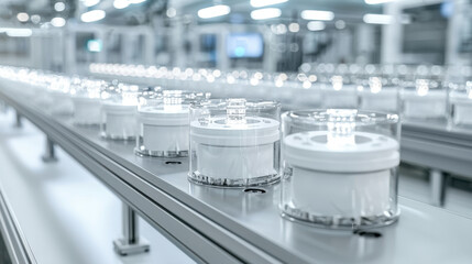 A series of transparent containers on a production line in a modern industrial facility, showcasing an organized and sterile manufacturing process.