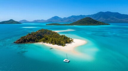 Aerial view of a tropical island with clear turquoise waters and a white sandy beach surrounded by lush greenery.