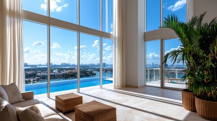 Modern interior space with large windows, showcasing stunning views of the city and a serene pool area.