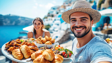 Naklejka premium Happy young couple eating and drinking in Santorini