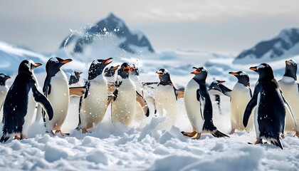 Obraz premium Penguins playfully interact in the snowy landscape of antarctica showcasing their unique social behaviors and natural habitat