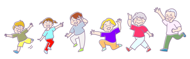 子どもからお年寄りまで元気に踊っている健康的な家族（カラー）