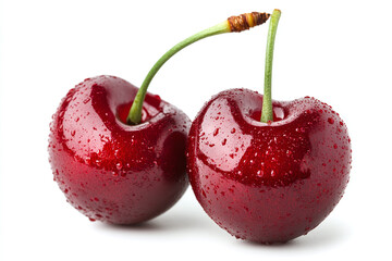 A pair of cherries with stems attached, against a white background.