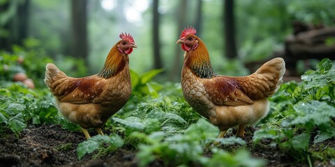 Fototapeta premium Two brown chickens facing each other in a forest clearing.