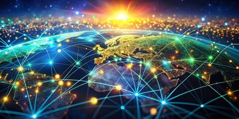Obraz premium Futuristic Global Network Visualization with Glowing Nodes and Data Streams Showcasing Interconnectedness and Digital Transformation in a Bokeh Effect Background