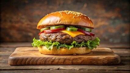close-up classic hamburger with beef patty on wooden board, symmetrical