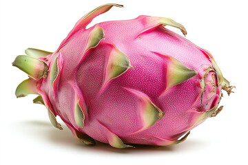 A whole dragon fruit with bright pink skin and green scales, against a white background.