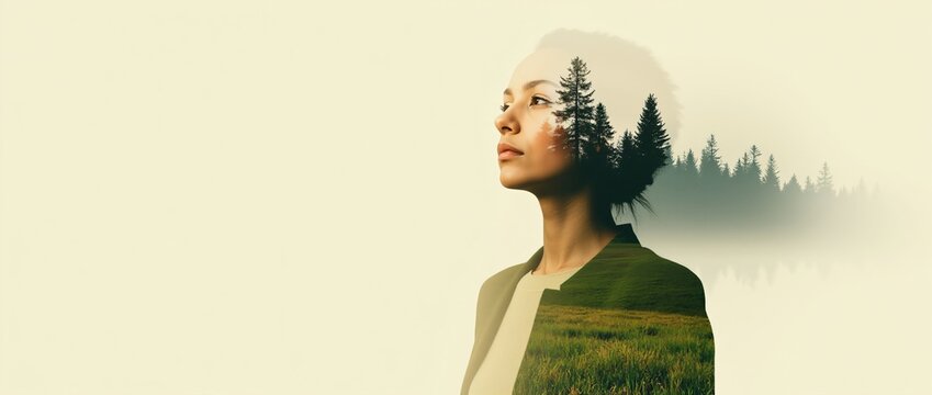 Double exposure portrait of woman with beautiful landscape. International Mother Earth Day and Woman's Day. Environmental problems and protection. Caring for nature. Mental health, meditation, relax