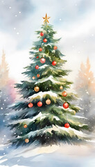 Obraz premium A snow-covered evergreen tree stands in a winter forest, with softly falling snowflakes and a serene, misty background.