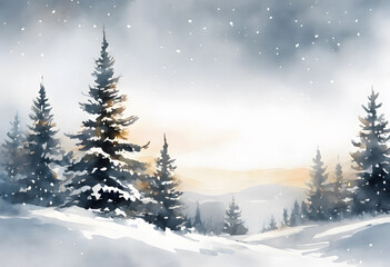 Obraz premium A snow-covered evergreen tree stands in a winter forest, with softly falling snowflakes and a serene, misty background.