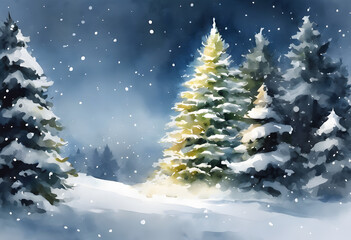 Naklejka premium A snow-covered evergreen tree stands in a winter forest, with softly falling snowflakes and a serene, misty background.