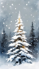 Fototapeta premium A snow-covered evergreen tree stands in a winter forest, with softly falling snowflakes and a serene, misty background.