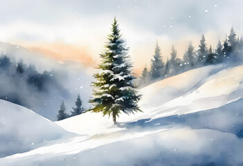 Obraz premium A snow-covered evergreen tree stands in a winter forest, with softly falling snowflakes and a serene, misty background.