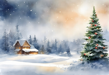 Fototapeta premium A snow-covered evergreen tree stands in a winter forest, with softly falling snowflakes and a serene, misty background.
