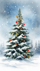 Fototapeta premium A snow-covered evergreen tree stands in a winter forest, with softly falling snowflakes and a serene, misty background.