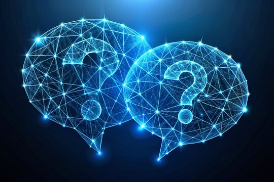 Futuristic Low Poly Wireframe Dialogue Bubbles with Question Marks and Answer Symbols in Blue Color Design for Innovative Fashion Photography Concepts