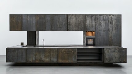 Modern kitchen with stainless steel cabinets, countertops, and open shelves.