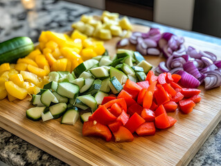 a wooden cutting board is filled with freshly chopped vegetables, including bright red bell peppers, green zucchinis and more, all resting on a kitchen counter