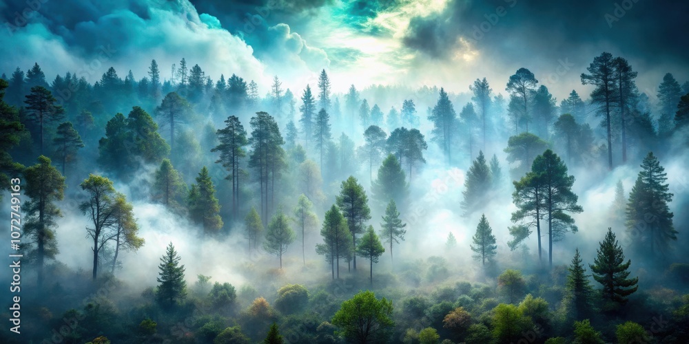 Aufkleber a misty forest enveloped in a veil of soft, ethereal light, with a sky of swirling clouds and rays o