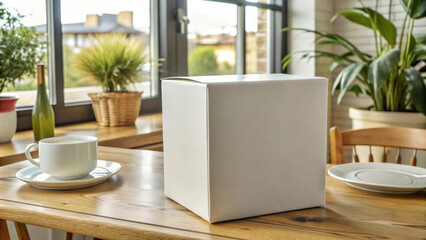 Fototapeta premium Blank white layout stands on a neutral background next to a cup of tea or coffee.Blank template for presenting your design or illustration of food packaging,tea,coffee or logo products