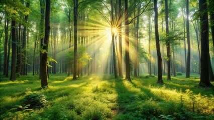 Obraz premium Golden rays of morning sun pierce through a dense canopy of trees, illuminating the verdant forest floor with a ethereal glow.