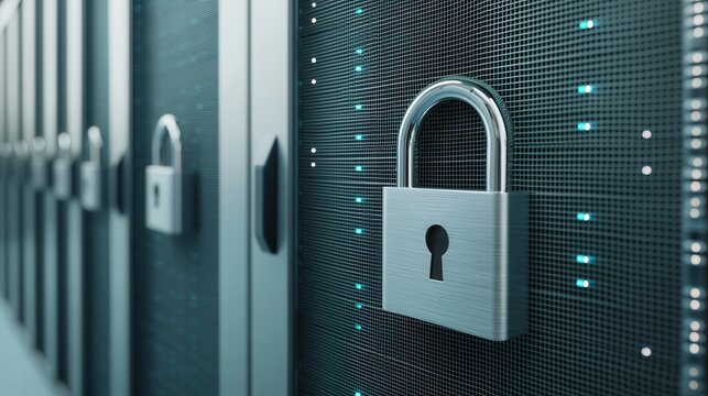 Secure silver padlock on server background, symbolizing data protection