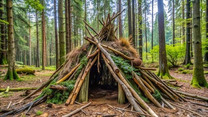 Fototapeta premium A rustic shelter crafted from natural materials, nestled within a dense forest, providing a glimpse of a secluded haven