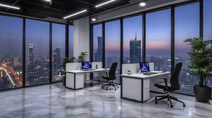 Creative glass office hall interior with wooden and concrete walls, window with night city view. copy space for text.