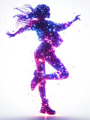 Obraz premium 3D images of women dancing displayed by colorful neon lights and glowing holographic projections