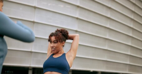 Women, training and outdoor with challenge, stretching and fitness for pilates workout in city. Female people, warm up and ready for conditioning, exercise or sport in physical activity, gym or class