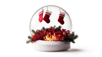 A festive snow globe featuring red stockings and holiday decorations.