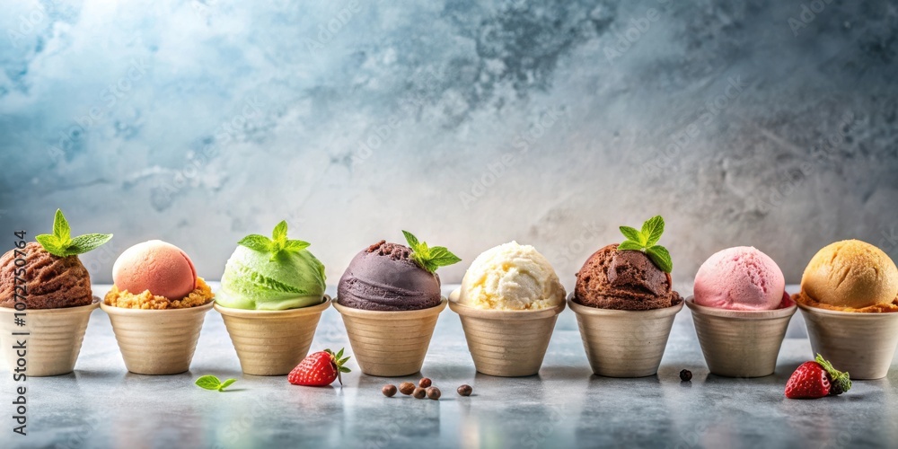 Poster a row of colorful ice cream scoops in disposable cups with fresh mint and strawberries